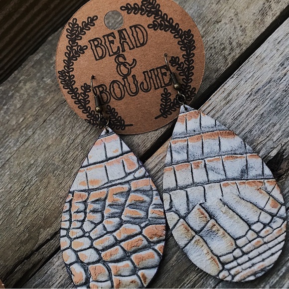 Metallic Silver and Brown Genuine Embossed Leather Teardrop Dangle Earrings - Picture 2 of 9